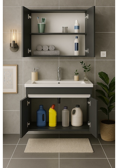 Arista 80 Cm Antrasit Mdf, Seramik Lavabolu, Alt Ve Üst Dolap Antrasit