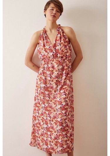 Never More Çiçek Desenli Askılı Elbise Krem