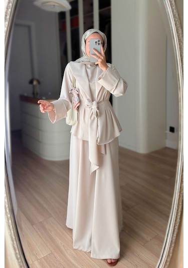Ka Hijab Kuşak Detaylı Vatkalı Üçlü Takım - Bej