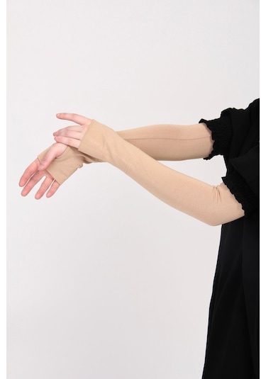 Parmak Geçmeli 45cm Likralı Penye Kolluk 1 Çift Bej