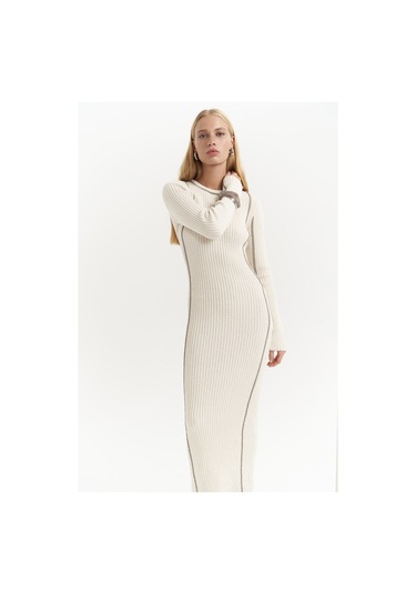 Aston Çizgi Detay Bej Triko Elbise Bej