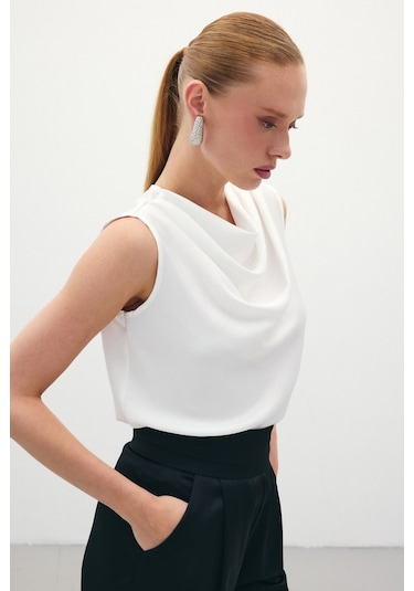 Sateen Degaje Yaka Saten Bluz - Ekru-136072 Ekru