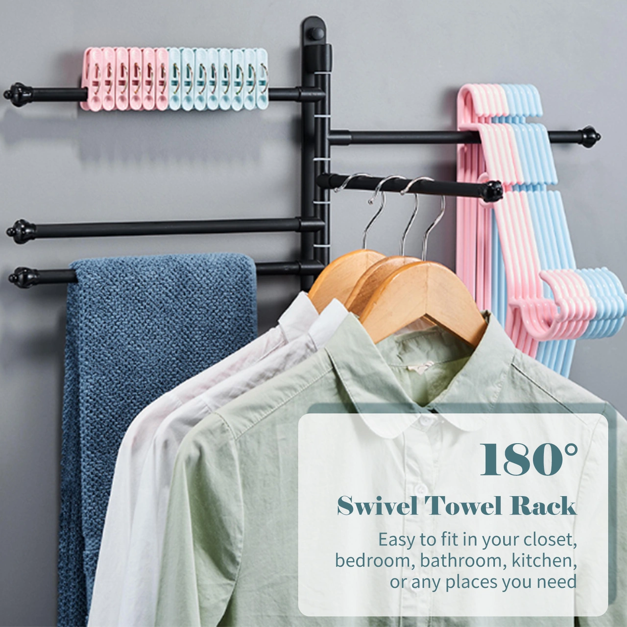 Geeroyoo Siyah Alüminyum 5 Çubuklu 180 Dönebilen, Delme/delmesiz Montajlı, Kancalı Pratik Havlu Rafı 30cm Siyah