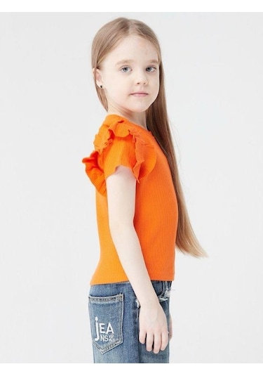 Kız Çocuk Kaşkorse Kolları Fırfırlı Bluz-13810-turuncu Turuncu