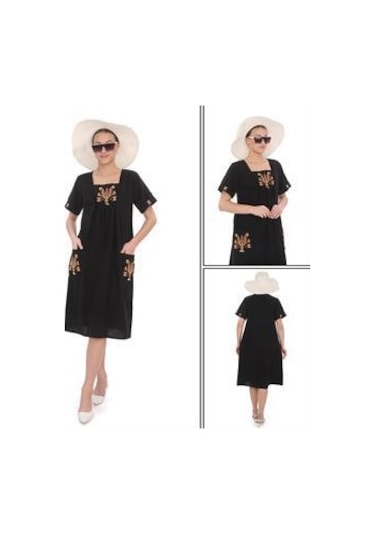Yarım Kol Yuvarlak Yaka İşlemeli Keten Elbise-9166 Siyah