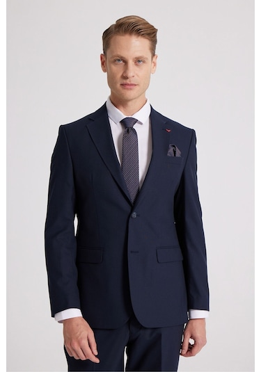 D's Damat Slim Fit Lacivert Düz Likralı Esnek Mono Yaka Çift Yırtmaçlı Astarlı Takim Elbise Lacivert