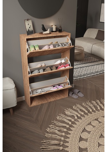 Dekorfim DF08101AC Ayakkabılık Raflı Ayakkabılık 3 Bölmeli Kapaklı Ayakkabılık