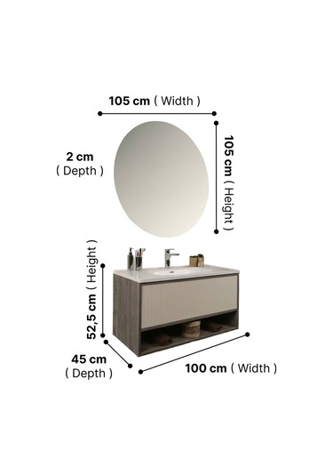 Kobos Elegant 100 Cm Banyo Dolabı Seti Grey Oak + Vanilya
