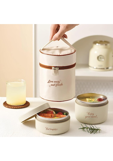 House Pratik Hp107 Çantalı Paslanmaz Çelik 2'li 600 + 440ml Lunch Box Yemek Kabı Krem