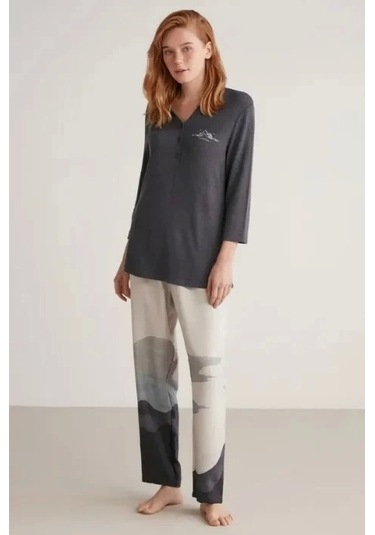 Nautıca W604 Kadın Patlı V Yaka Uzun Kollu Pijama Takımı Lacivert