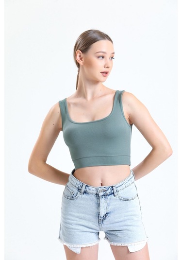 Yeşil Fitilli Kare Yaka Esnek Örme Crop Büstiyer Atlet Haki