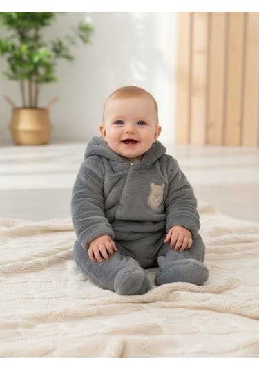 Zekids Bebek Peluş Kapüşonu Kulak Detaylı Tulum-16670 Gri