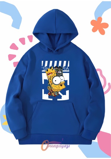 Çocuk Unisex Simpson Baskılı Oversize Kapüşönlü Sweatshirt Saks Mavisi