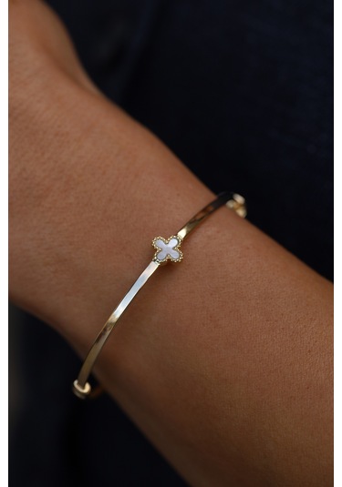 14 Ayar Altın Tek Sedefli Yonca Detaylı Kelepçe Sarı Altın