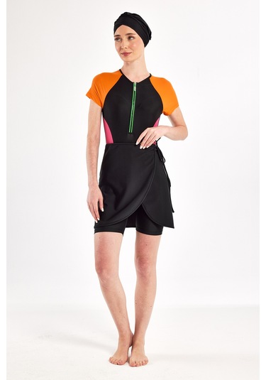 Uv Korumalı Kısa Kollu 3 Farklı Şekilde Giyilebilir Likralı Yarı Kapalı Mayo 1610 Siyah02 Siyah02