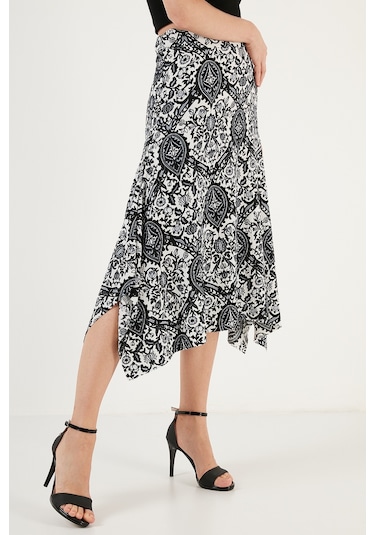 Lela Desenli Dar Kesim Asimetrik Midi Bayan Etek 5865621 Siyah-Beyaz