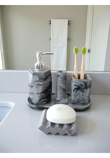 5'li Antrasit Desenli Görünümlü Banyo Seti Tuvalet Wc Sıvı Sabunluk Diş Fırçalığı Beton Antrasit Antrasit