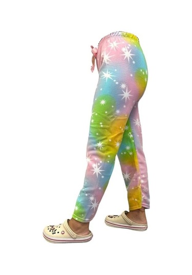 Kadın Desenli Yumuşak Polar Kışlık Pijama Eşofman Tek Alt Beyaz-renkli