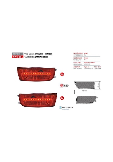 ARKA TAMPON REFLEKTORU SOL-SAG CRAFTER SPRINTER 06-16 LEDLI YUCEPLAST YP-119 L