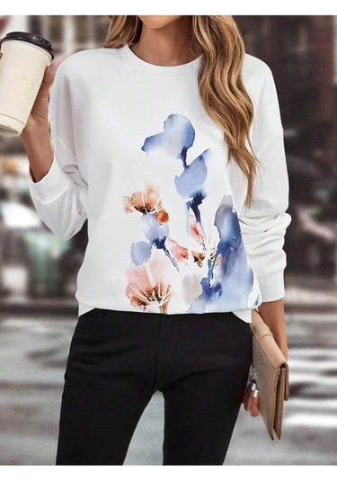Floral Print Drop Shoulder Sweatshirt-trzksw114 Çok Renkli
