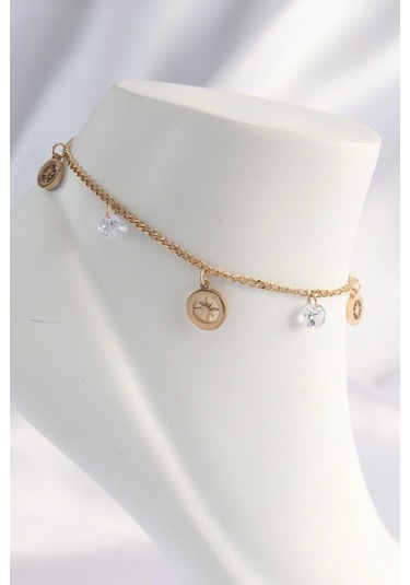 316l Çelik Gold Renk Zirkon Taşlı Yıldızlı Halhal Çok Renkli