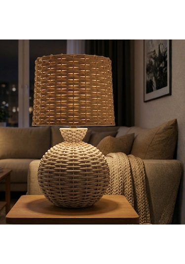 Alera Krem Gövde Bej Başlık Rattan Dekoratif Abajur Krem