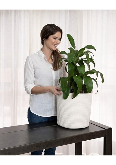 Ikili Dekoratif Jüt Saplı Hasır Sepet Saksı 30 Cm Ve 25 Cm , Dekoratif Saksı Ve Havluluk Beyaz