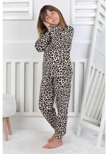 Minik Uyku Avcısı - Vahşi Rahatlık Serisi Leopar Desenli Kız Çocuk Pijama Takımı Sarı