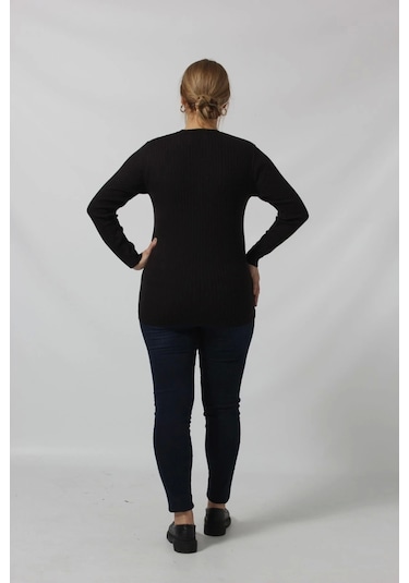 Taş İşleme Detaylı Çizgi Örgü Desenli Kazak Siyah