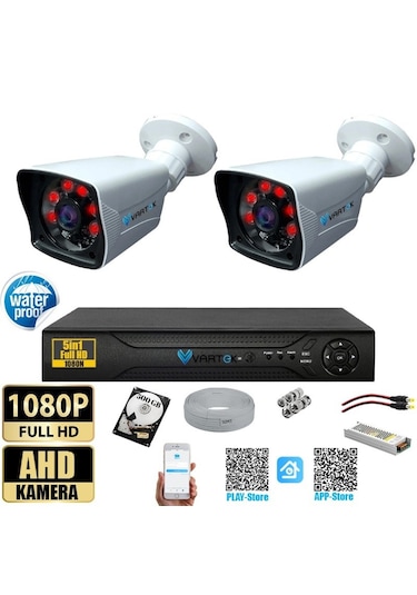2 Kameralı 500 Gb Hdd 5mp Lensli 1080p Fullhd Kamera Seti - Su Gecirmez- Sabit İp Gerektirmez