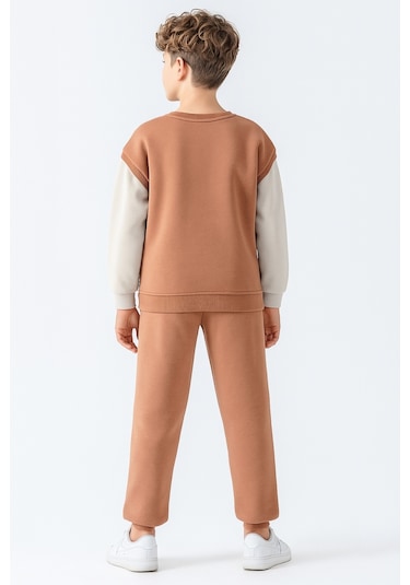 Erkek Çocuk Upper Baskılı 3 İplik Kalın Kışlık Eşofman Takımı Ak4231 Kahverengi