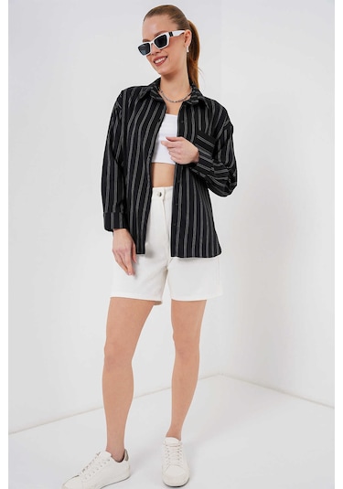Gabria Çizgili Tek Cep Gömlek Siyah