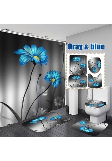 Gri&mavi Çiçek Açan Çiçekler Gül Kelebek Duş Perdesi Seti Su Geçirmez Banyo Klozet Kapağı Banyo Kaymaz Mat Halı Halı Banyo Dekor 4 A Gri - Mavi