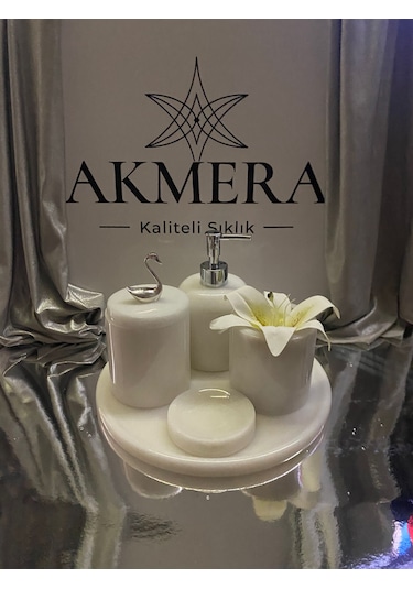 Akmera Afyon Beyazı Mermer 5 Parça Lüks Banyo Aksesuarı Beyaz