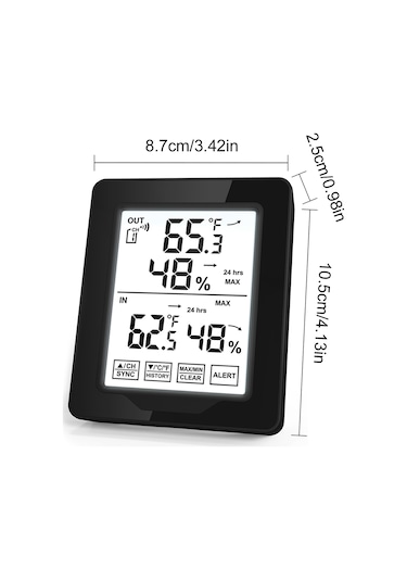 Jeehugo Dijital Hava İstasyonu: İç/ Dış Sıcaklık Nem Ölçer, Maks/ Min Kayıt, Sıcaklık Trendi, Alarm Fonksiyonu, Beyaz Arka Işık - Pil Yok Siyah
