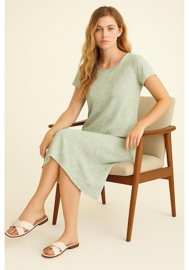 2 Adet Dökümlü Rahat Kalıp Günlük Penye Kumaş Elbise Kahverengi - Yeşil