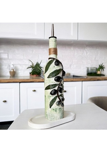 El Yapımı Kabartma Seramik Uygulamalı Zeytin Dalı Desenli Cam Şişe Sirkelik-yağdanlık, Mutfak Dekor Çok Renkli