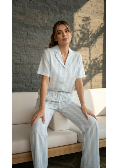 Relax Mode Kadın Mavi Çizgili Modal Pantolon Takımı - 26002r