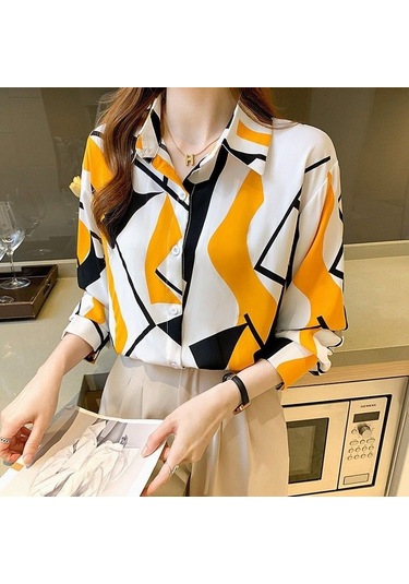 Kadın Uzun Kollu Şifon Gömlek Moda Kore Fit Geometrik Baskı Üst Büyük Gömlek Sarı