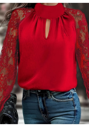 Tua Moda Kadın Uzun Kollu Göğüs Pencere Detay Yaka Boğazlı Kolları Tüllü Sandy Bluz Kırmızı