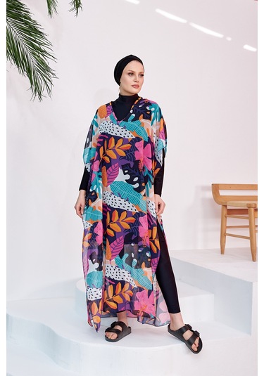 Remsa Mayo Tesettür Mayo Üzerine Desenli Tek Kaftan Pareo 430-132 Fuşya Fuşya