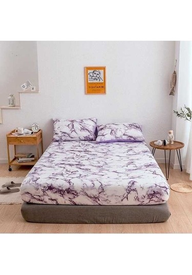 Novahub Blue Elastic Sheet Bed Cover With Non-slip Mat, Waterproof Marble Fitted Sheet, Pillowcase Included - 99x190x35cm Mor