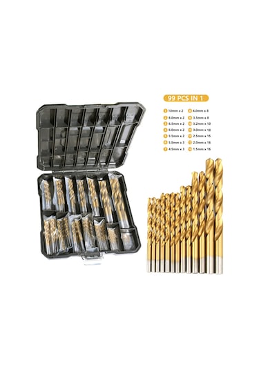 Vkemall Delmek 99 Parça Düz Şaftlı Büküm Matkap Seti Yüksek Hızlı Çelik Ti Kaplama Ma