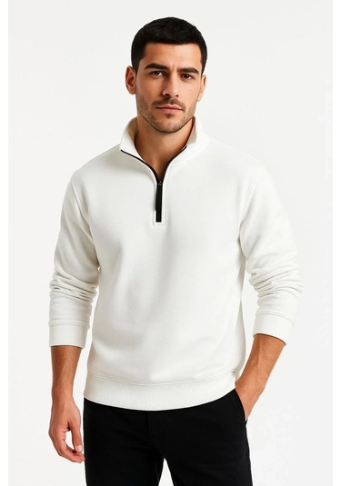 Erkek Dik Yaka Sweatshirt Dik Yaka Yarım Fermuarlı 3 İplik Şardonlu Pamuk Kumaş - Beyaz Beyaz