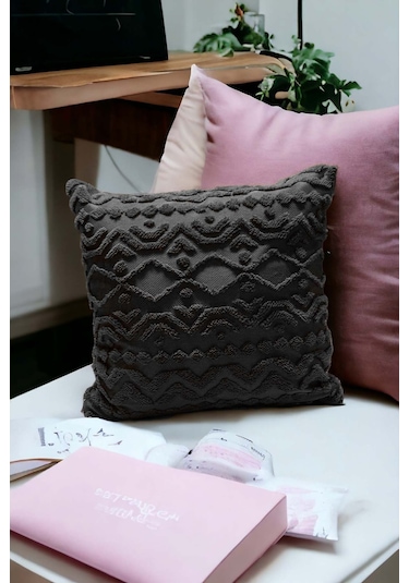 Bohem Dekoratif Yastık Kılıfı Kırlent Kılıfı 43x43 Cm Antrasit Geometrik Gri