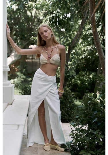 Fabriyonto Asimetrik Ekru Uzun Etek Ekru