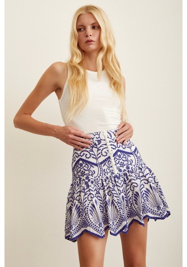 Never More Güpür Detaylı Mini Etek Mavi