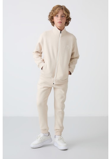 Tommy Life Bej Pamuklu Kalın İçi Tüylü Yumuşak Dokulu Standart Fit Nakışlı Erkek Çocuk Eşofman Takım - 11256 Bej