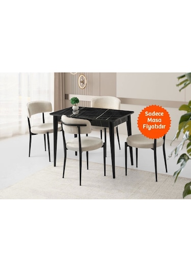 Ortadan Açılır Parlak Ahşap Yemek Masa Siyah Mermer Desen 60x100