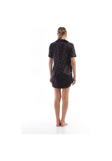 Laperissa Kadın Pembe Puantiyeli Saten Gömlek Gecelik Düğmeli, Şık Ve Rahat Ev Giyim Siyah